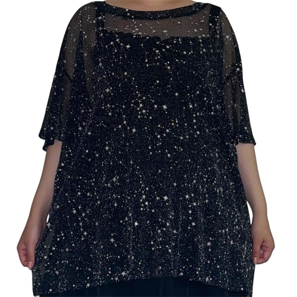 SHEIN Black Sheer Star Print Short Sleeve Tee